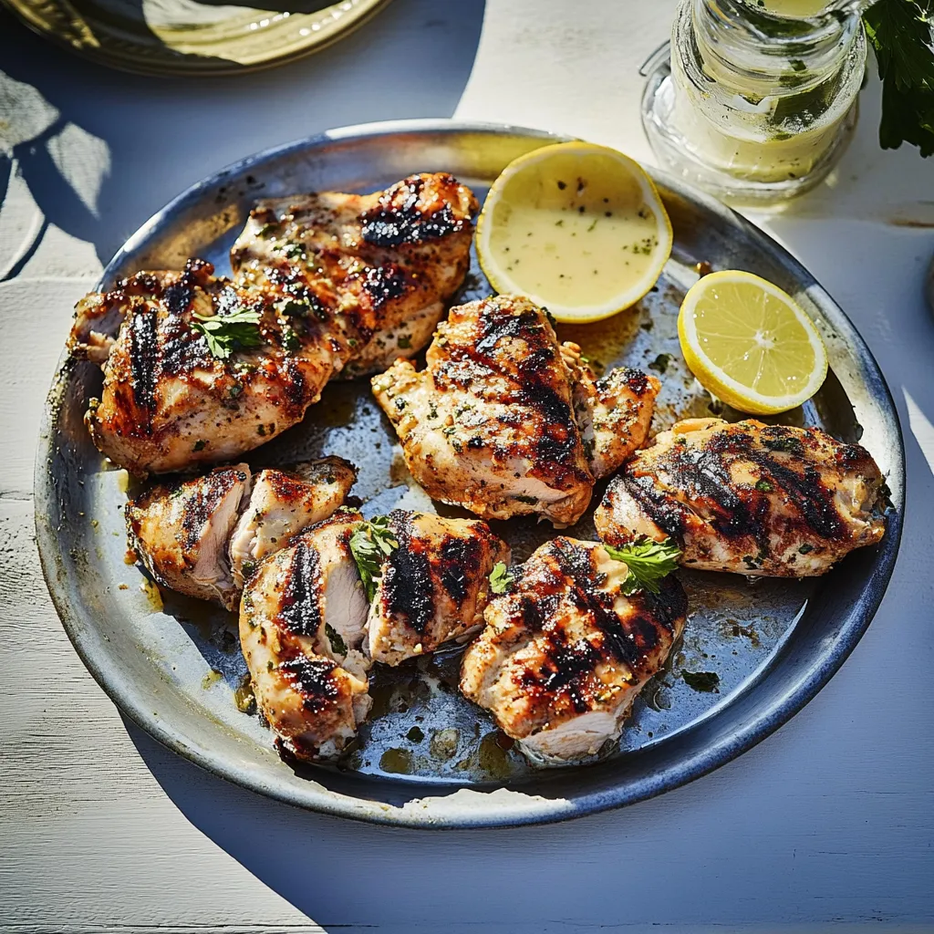 A plate of grilled chicken with lemon wedges.