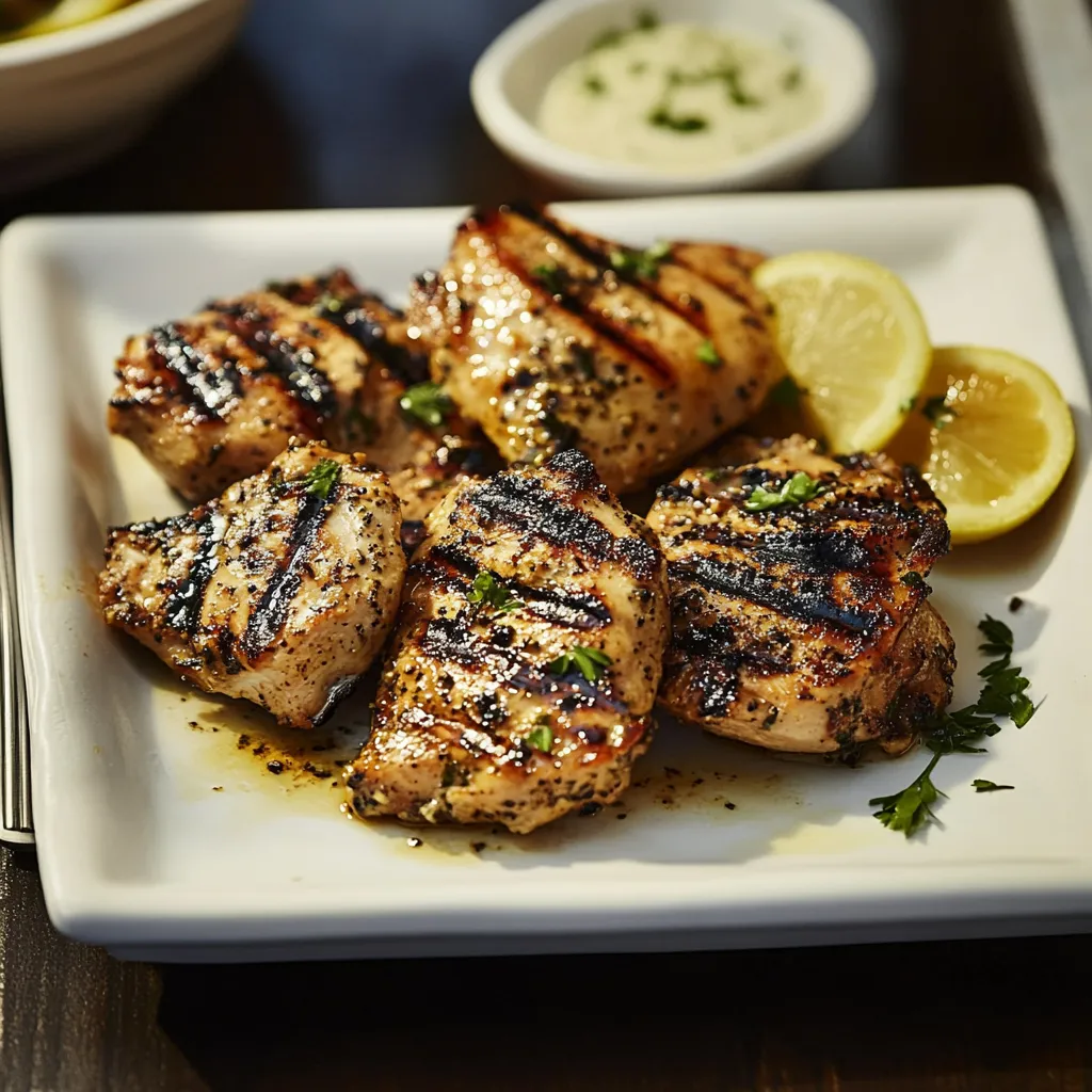 A plate of grilled chicken with lemon wedges on the side.
