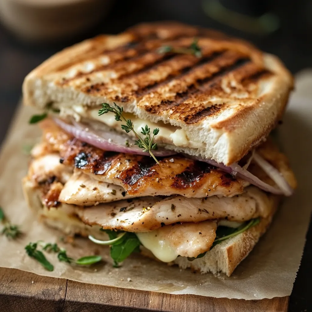A sandwich with chicken and onions on a wooden cutting board.