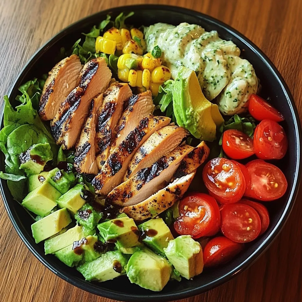 A bowl of food with chicken, tomatoes, avocado, and corn.