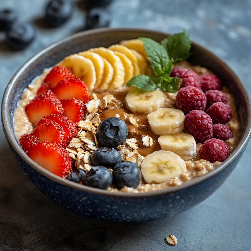 A bowl of fruit with strawberries, bananas, blueberries, and raspberries.