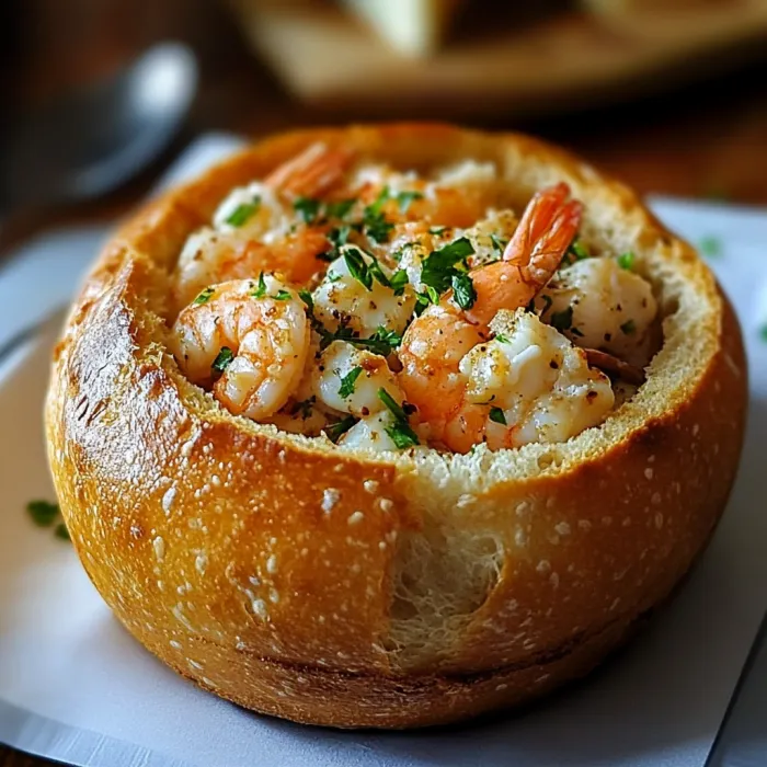 A bowl of shrimp and bread.