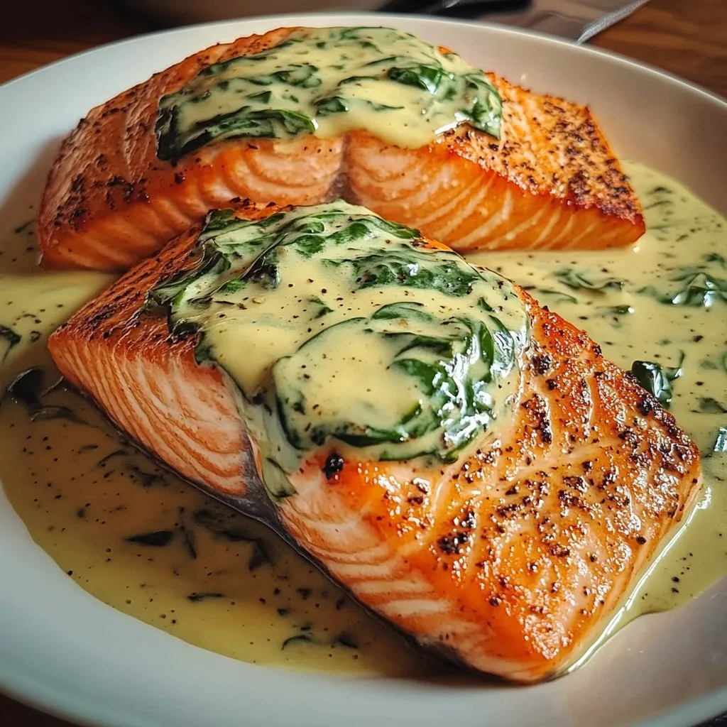 Two pieces of fish with sauce on a white plate.
