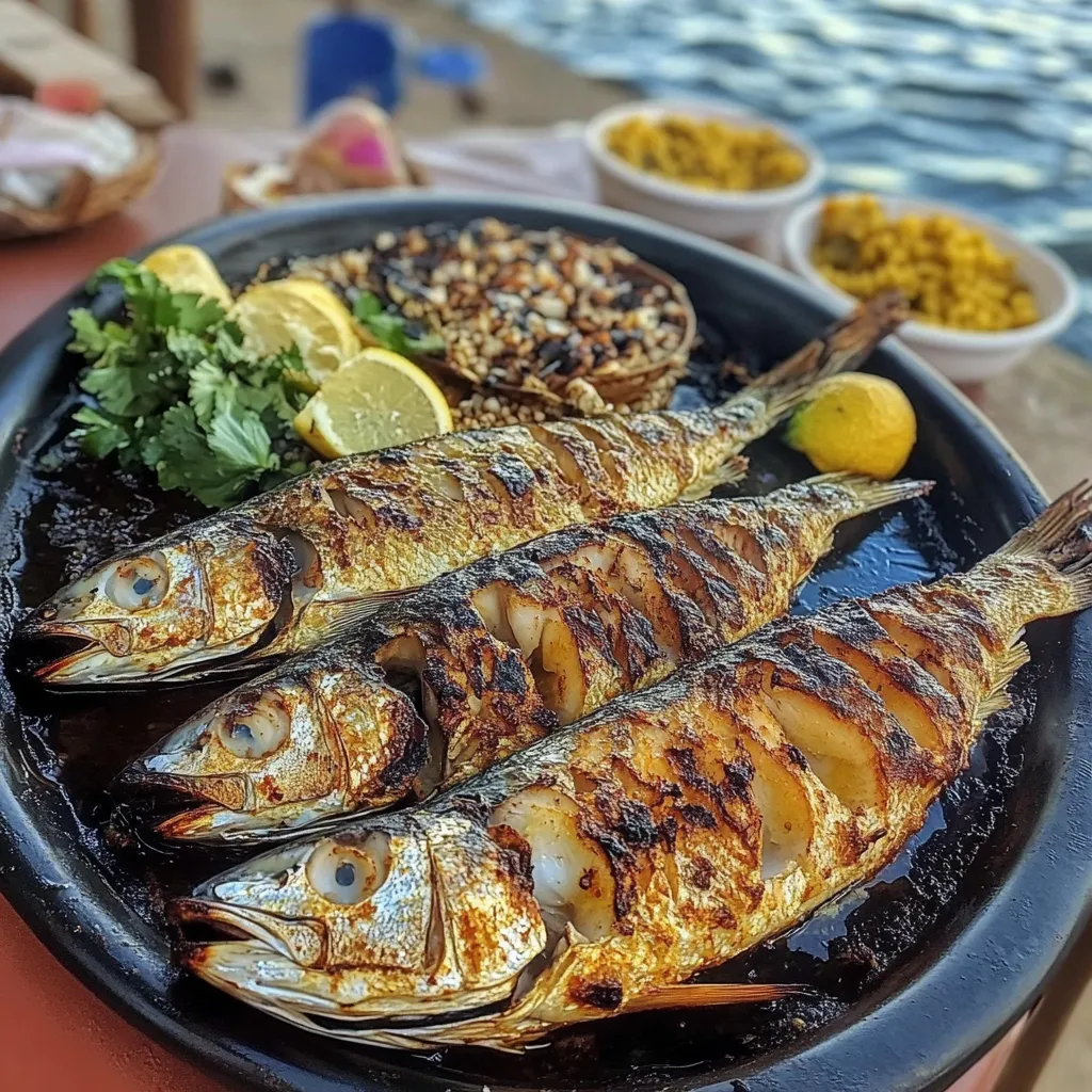 A plate of food with fish, rice, and vegetables.