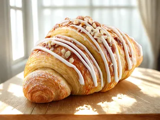 A pastry with white icing and nuts on top.
