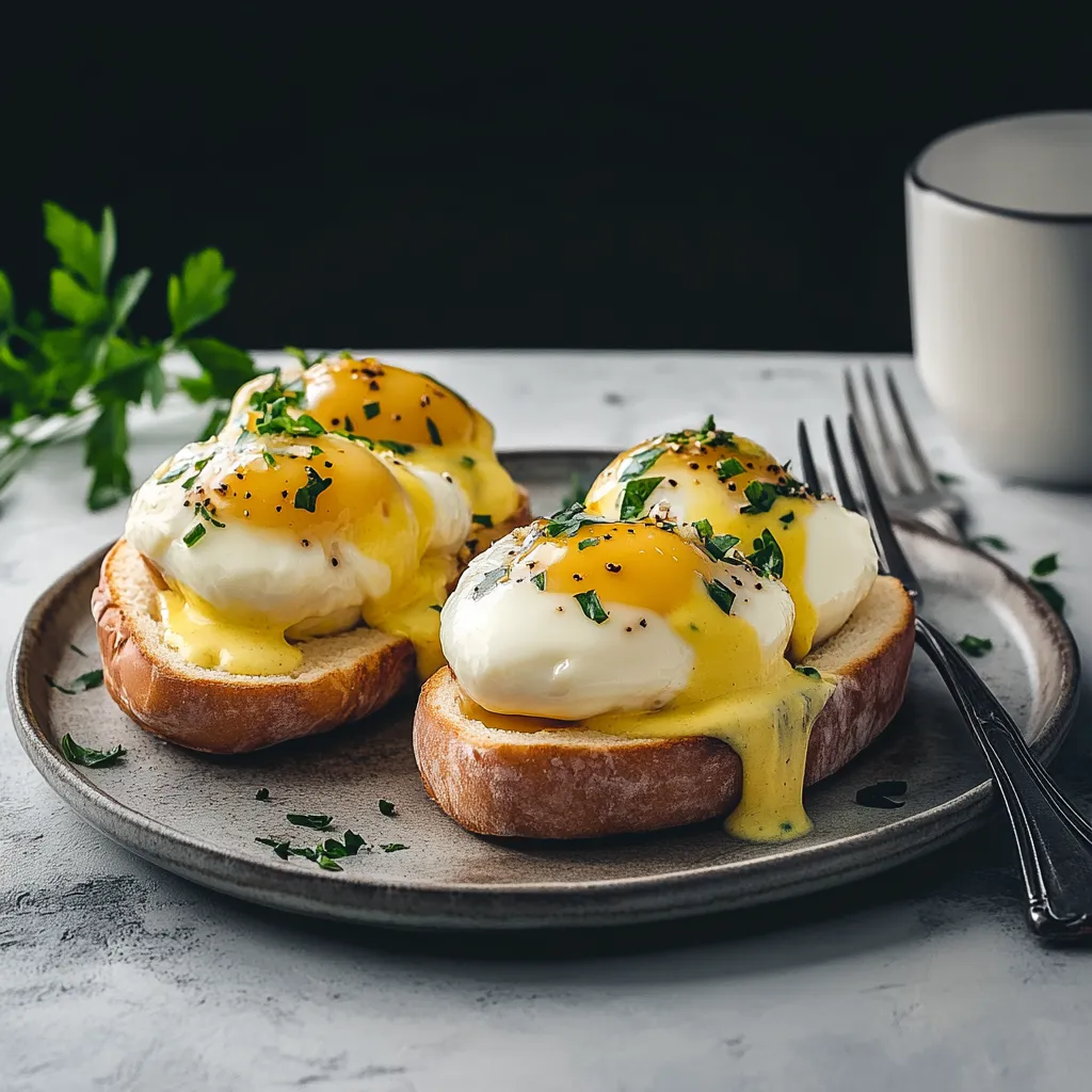 Two eggs on toast with herbs.