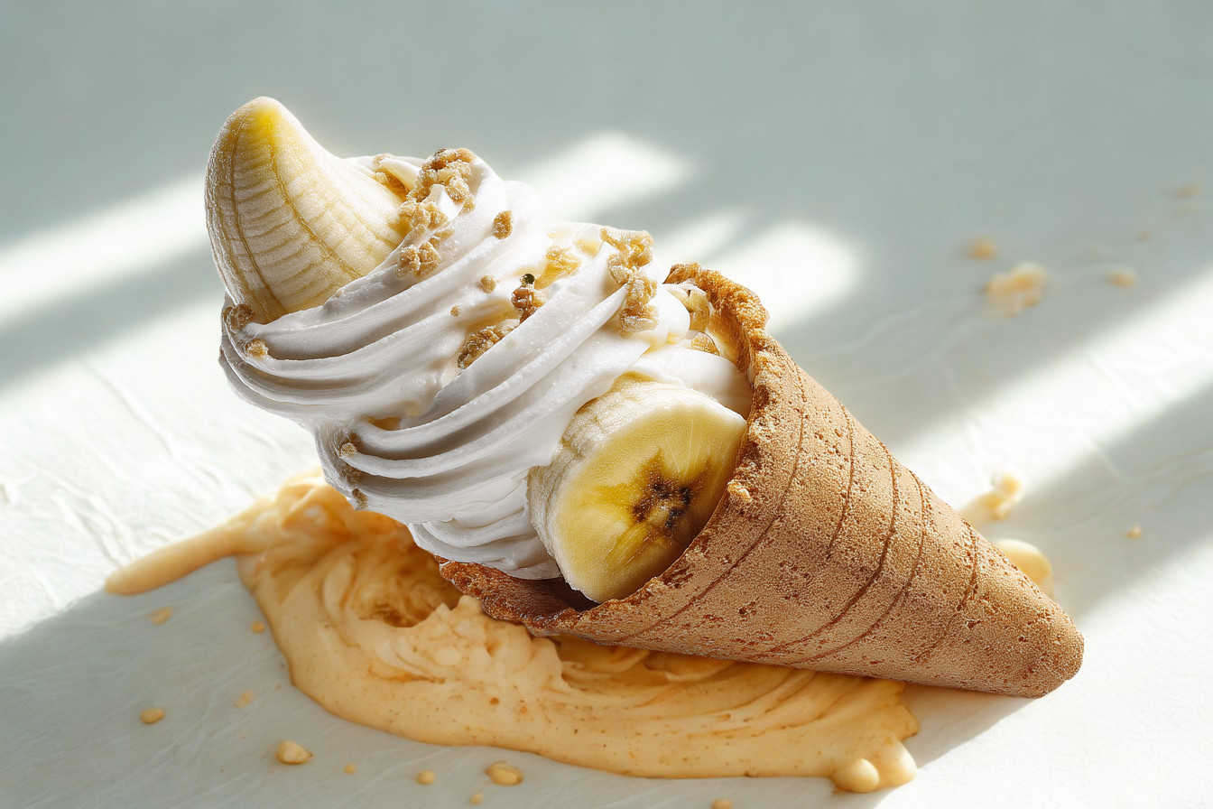 A banana split with a banana and a dollop of whipped cream.