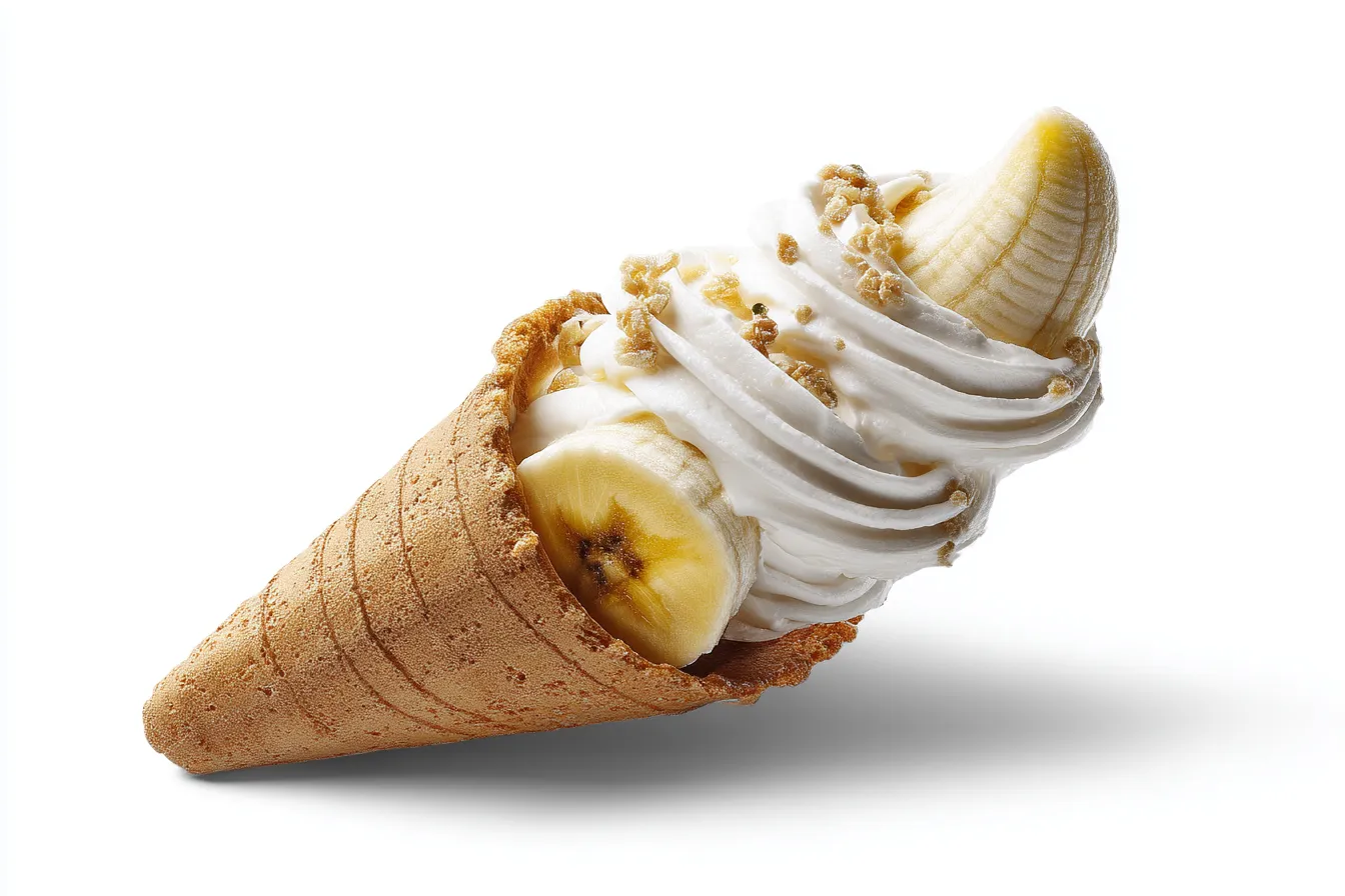 A banana split with a banana and a cookie.