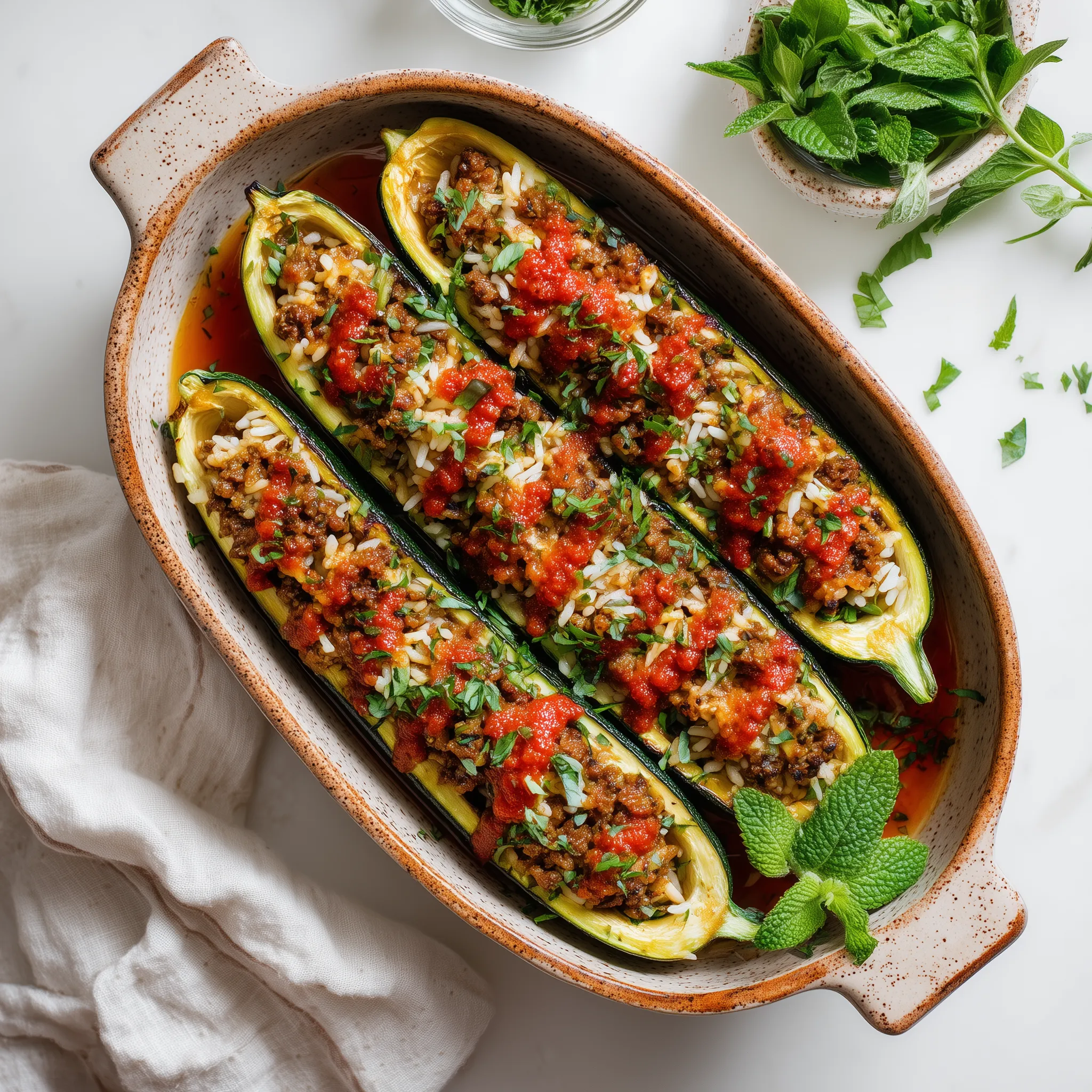 A bowl of food with a green garnish.