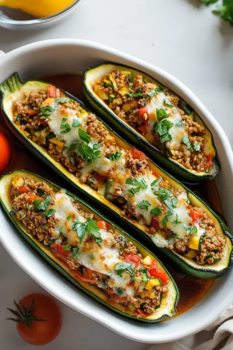 A plate of food with two zucchini boats filled with meat and cheese.