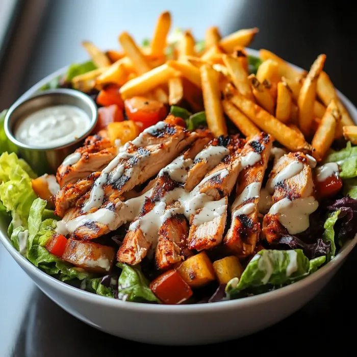 A bowl of food with chicken, fries, and salad.