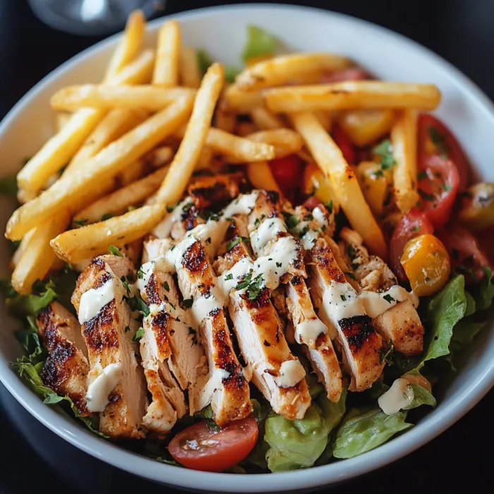 A bowl of food with chicken, fries, and tomatoes.