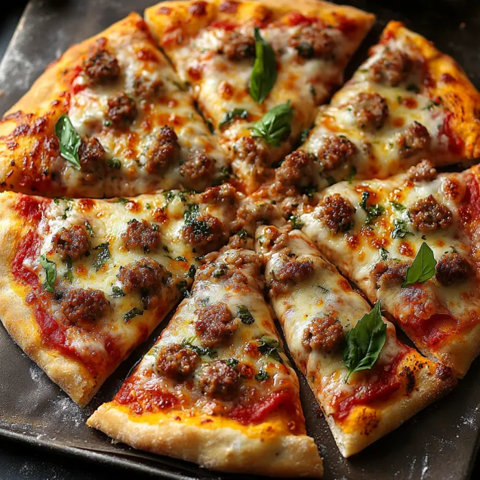 A pizza with meat and cheese on a pan.