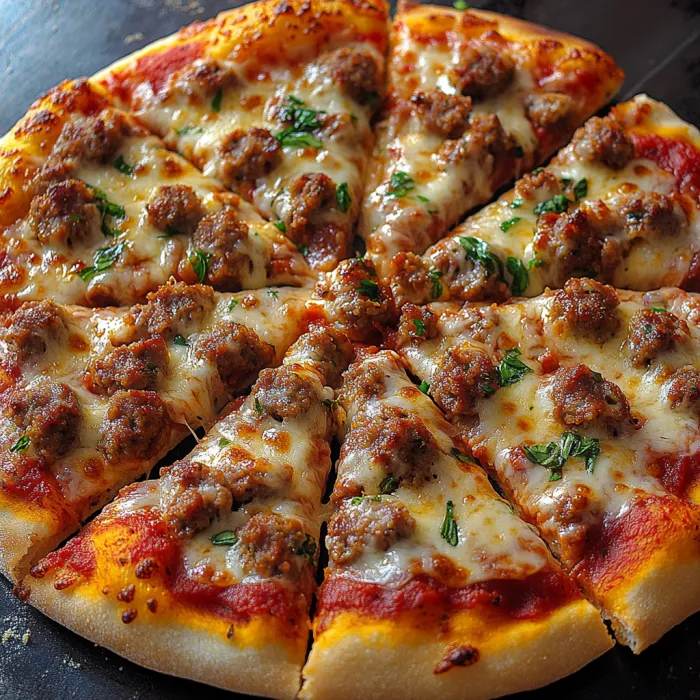 A pizza with meat and cheese on it.