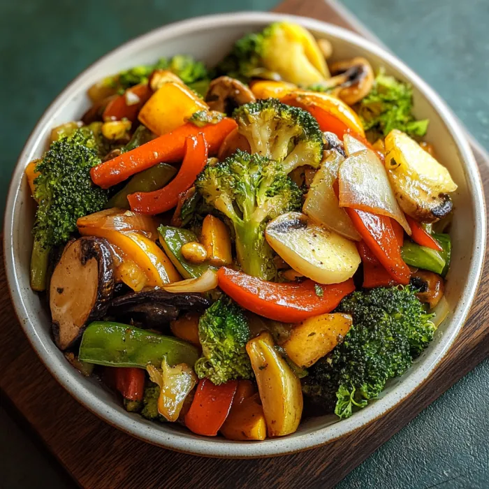 A bowl of vegetables including broccoli, carrots, and peppers.