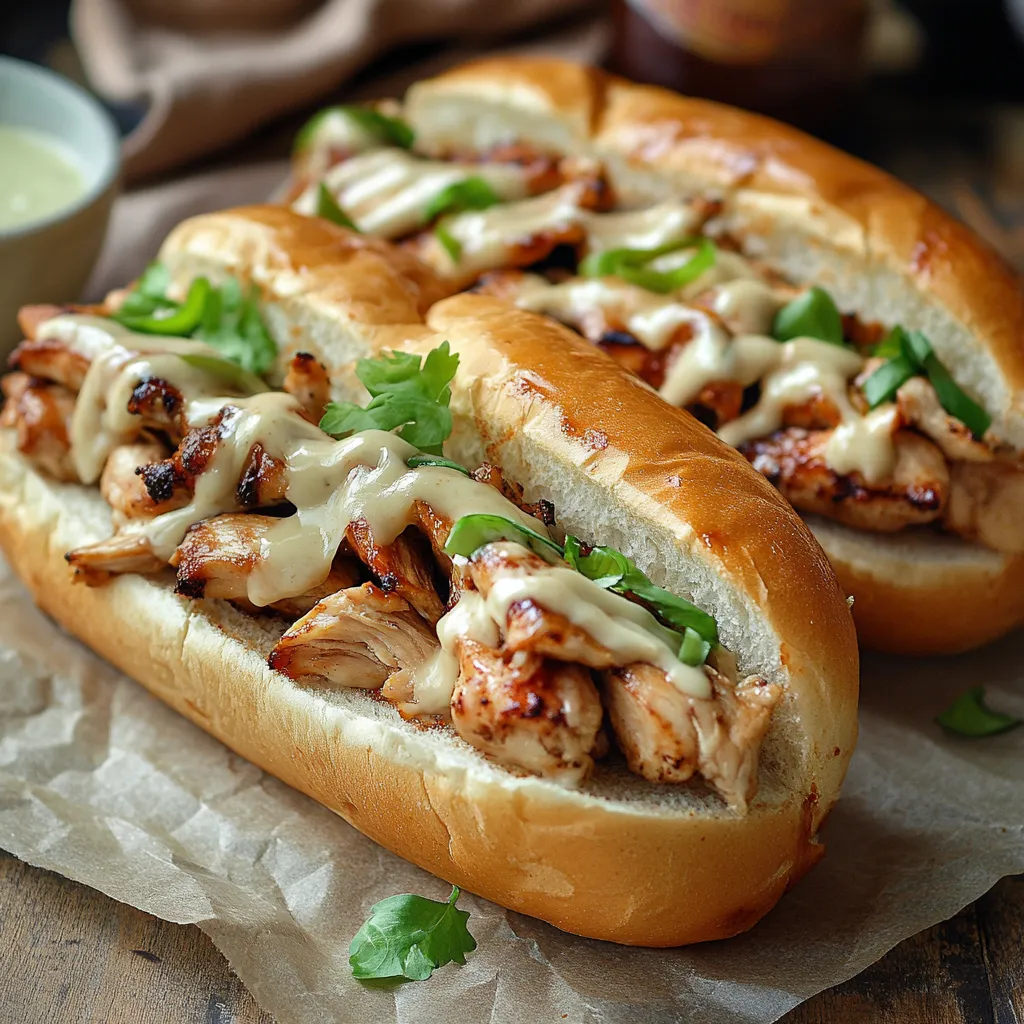 Two chicken sandwiches with sauce.