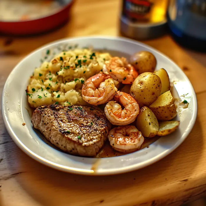 A plate of food with shrimp, potatoes, and mashed potatoes.