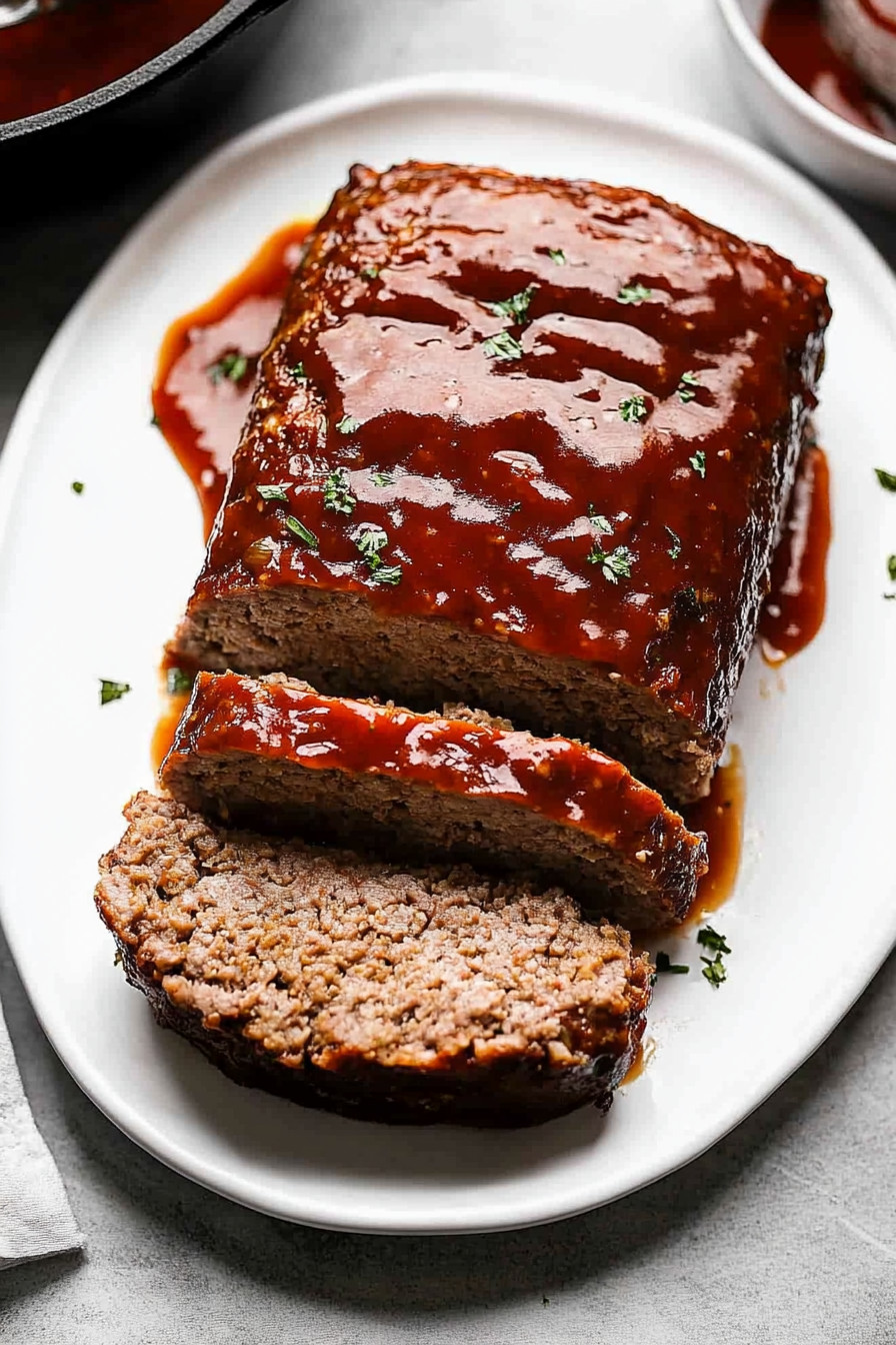 A piece of meat with sauce on a plate.