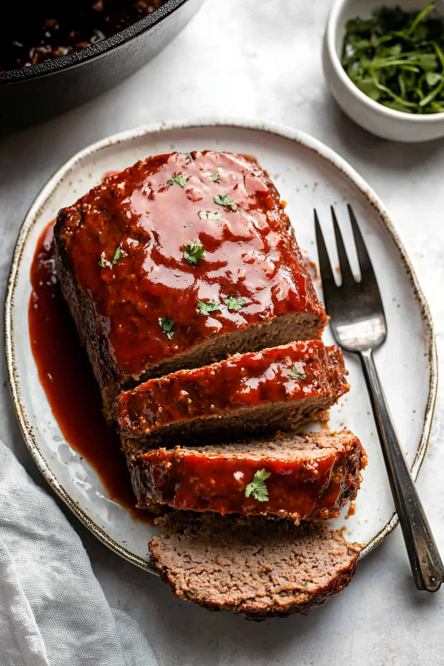 A piece of meat with sauce on a plate.
