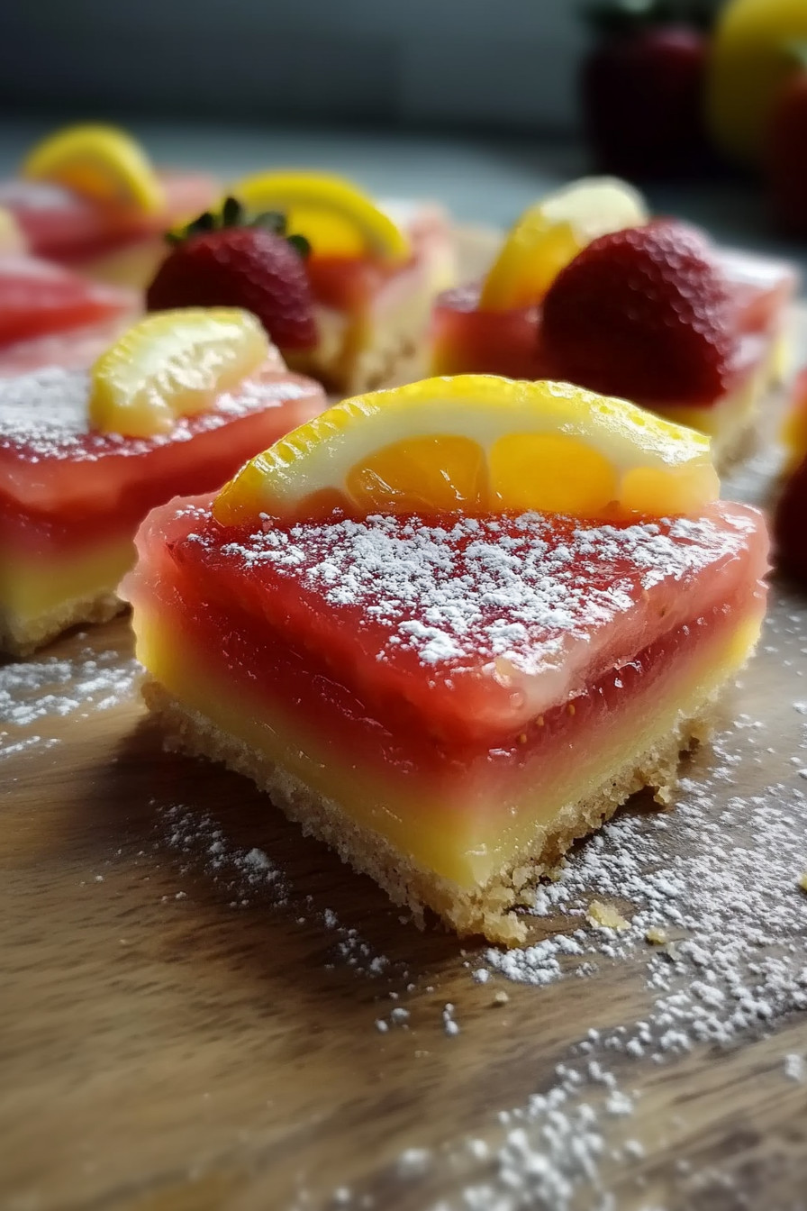 A slice of lemon cake with strawberries on top.