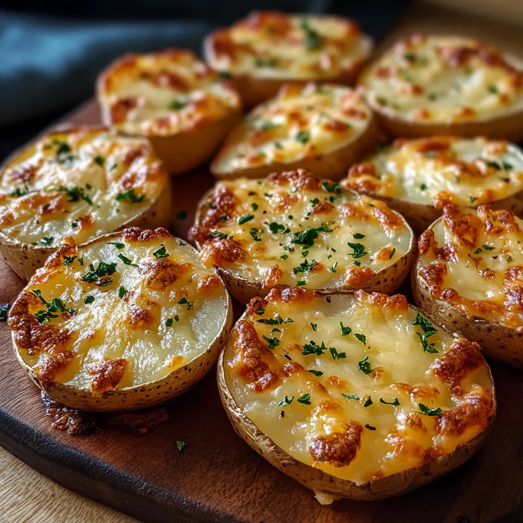 A wooden cutting board with 12 potato casserole dishes.