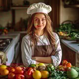 Loura is a chef and she is standing in front of a table full of fruits and vegetables.