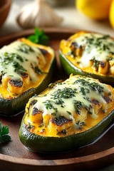 Two slices of cheese and herb stuffed zucchini.