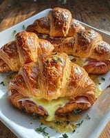 A plate of croissants with cheese and ham.