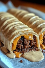 A plate of food with a drizzle of sauce.