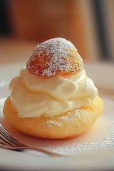 A pastry with white frosting on top.