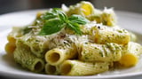 A plate of pasta with green herbs on top.