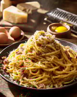 A plate of spaghetti with bacon and cheese.