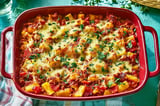 A red bowl filled with a delicious meal.