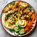 A plate of vegetables including carrots, cucumbers, and cauliflower.