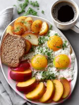 A plate of food with eggs, bread, and fruit.