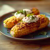 Two grilled corn on the cob with white sauce.