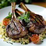 Two pieces of meat with mint leaves on top.