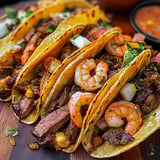 A plate of food with shrimp and meat.