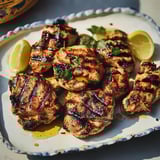 A plate of grilled chicken with lemon wedges.