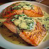 Two pieces of fish with sauce on a white plate.