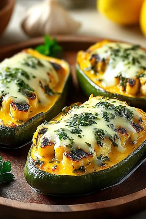 Two slices of cheese and herb stuffed zucchini.