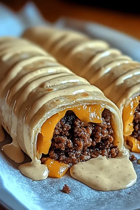 A plate of food with a drizzle of sauce.