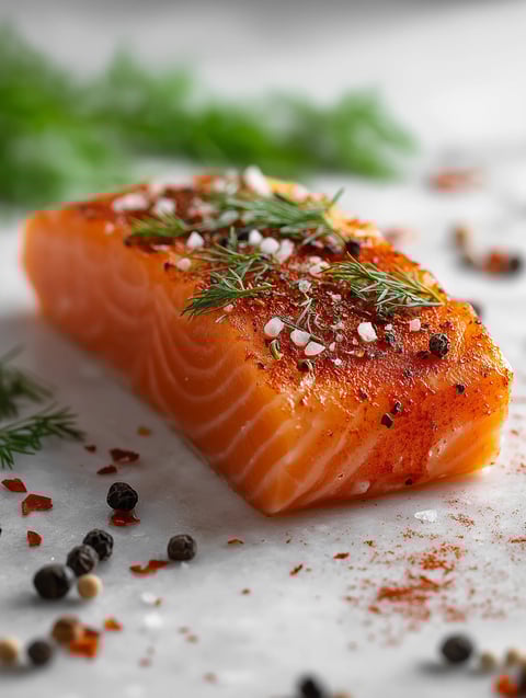 A piece of salmon with seasoning on it.