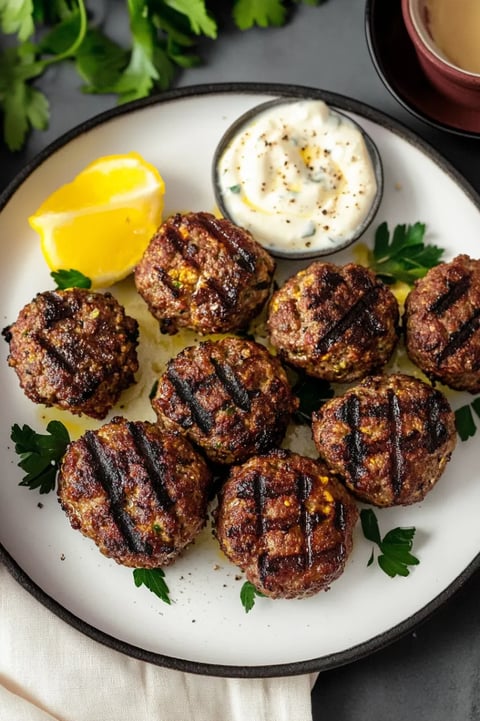 A plate of meatballs with a side of sauce.