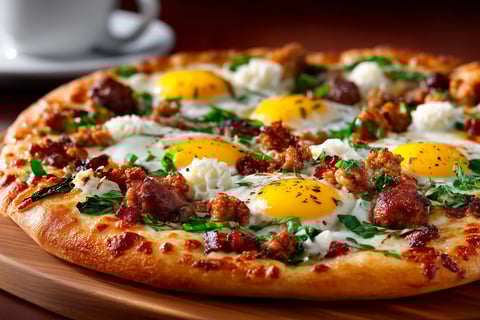 A pizza with eggs and bacon on top.