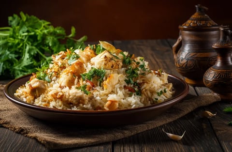 A plate of rice with chicken and vegetables.