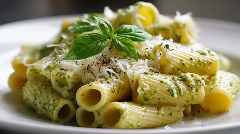 A plate of pasta with green herbs on top.
