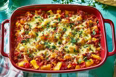 A red bowl filled with a delicious meal.