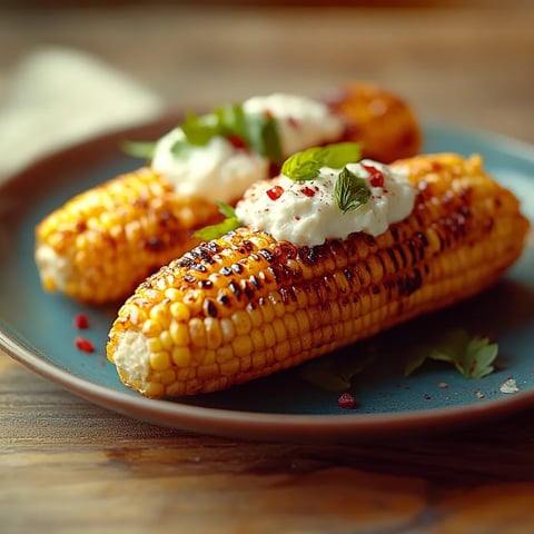 Two grilled corn on the cob with white sauce.