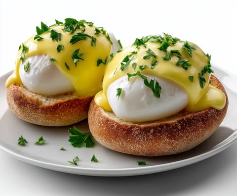 Two eggs on toast with parsley.